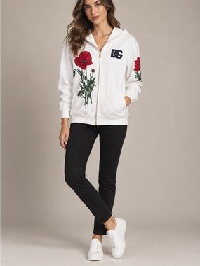Dolce & Gabbana White Zip Hoodie with Red Poppy Embroidery